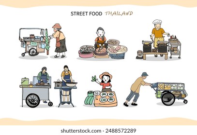 Streetfood in Thailand Kollektion. Thailand-Markt. Handgezeichnete Stil-Vektorillustration.