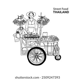 Street food in Thailand, woman selling local food. Drawing style vector illustration.