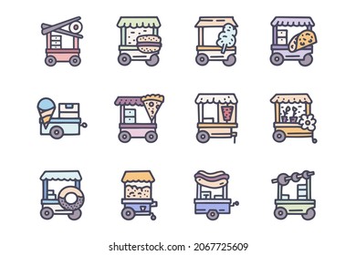 Street food trade cart color vector doodle simple icon set