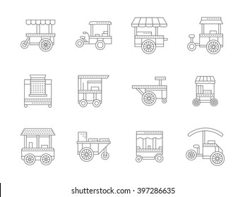 Street food transport. Mobile shops for street trade. Trolley with food. Set of flat black line vector icons. Elements for web design and mobile.