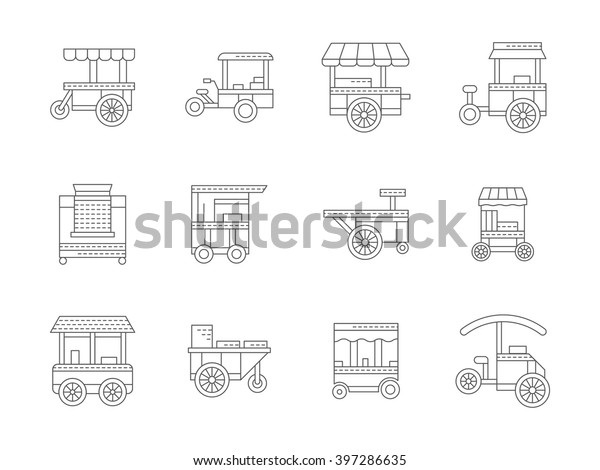 Street food transport. Mobile shops for street\
trade. Trolley with food. Set of flat black line vector icons.\
Elements for web design and\
mobile.