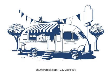 Street Food Truck bus. Vector monochrome drawing of a street fast food truck.