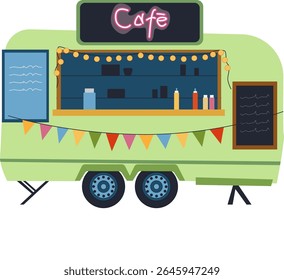 Street food truck cafe with colorful garlands. Mobile trailer, service window, drink bottles, chalkboard menus. For street food themes.