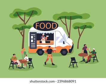 Street food truck, cafe van in nature. Tiny people relaxing, eating, sitting at tables near caravan in park on summer vacation, weekend. Characters resting, eating outside. Flat vector illustration