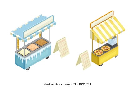 Street food truck and cart set. Ice cream and pizza selling. Cafe or restaurant on wheels vector illustration