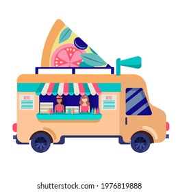 Street Food Truck concept isolated on a white background. Fast food delivery.  illustration in a flat cartoon style-  fast food car with a large slice of pizza on the roof and two cute saleswomen