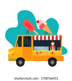 Street Food Truck concept with merchant character design - vector illustration. Street and Fast Food Ice Cream.