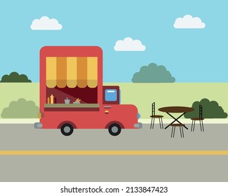 Street food truck. Fast food delivery.Flat design vector illustration isolated on background