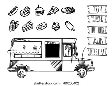 Street food truck with fast food icons. Graphic design elements in hand drawn line art vector style illustration