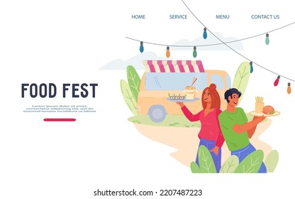 Street Food Truck Festival Banner Or Poster For Web And Social Media, Flat Vector Illustration. Fast Food Restaurant And Cantina Promotion Web Page Mockup.