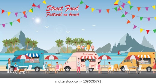 Festival de coche de comida callejera en la playa con comida y bebida, con gente comprando y comiendo comida, camión de comida en la calle Vector ilustración de caricatura plana.