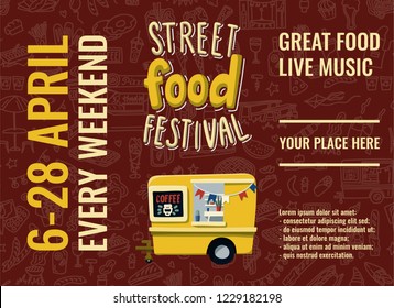 Street food truck festival. Template for flyer, poster or brochure. Hand drawn doodles background. Stock vector