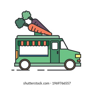 Street Food Truck. Greengrocer truck colorful flat line illustration.
