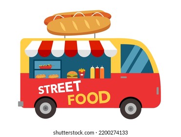 Street food truck of hamburger, hotdog and snack concept vector illustration on white background. 