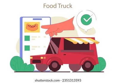 Street food truck. Hot dog cart for outdoor summer festival. Cafe on wheels in retro car. Small business, catering service. Flat vector illustration