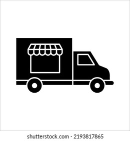 Street food truck icon. Mobile cafe car illustration on white background. Festival shop transport to cook and sell meals