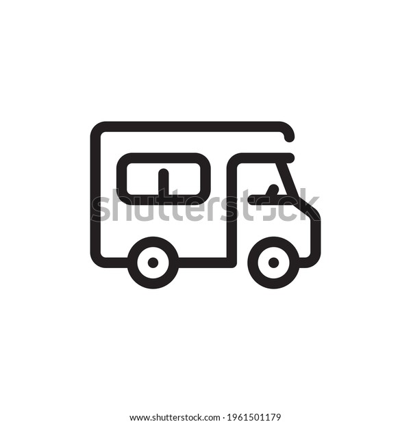Street food truck icon template. Vector line\
trade van illustration. Mobile cafe car logo background. Festival\
shop transport to cook and sell meals. icon for web design isolated\
on white background