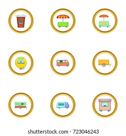 Street food truck icons set. Cartoon style set of 9 street food truck vector icons for web design
