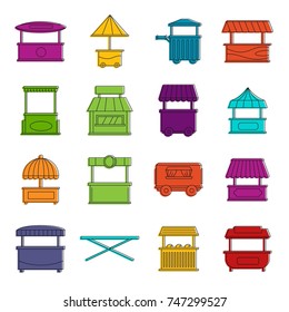 Street food truck icons set. Doodle illustration of vector icons isolated on white background for any web design