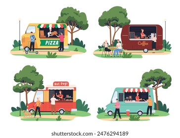 Street food truck. Instant food. Lunch break, a snack with a sumptuous meal. People eat outdoors. Vector illustration