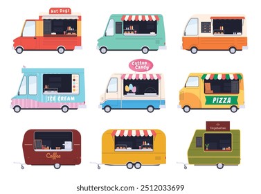 Street food truck. Instant food. Lunch break, a snack with a sumptuous meal. People eat outdoors. Vector illustration
