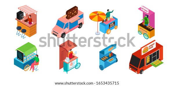 Street food truck, isometric set isolated on white,\
snack stall and ice cream kiosk, vector illustration. Fast food\
truck, hot dog and hamburger cafe. Cotton candy, coffee seller,\
street market stall