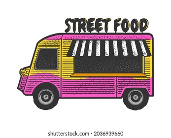 Street food truck line art color sketch engraving vector illustration. T-shirt apparel print design. Scratch board imitation. Black and white hand drawn image.