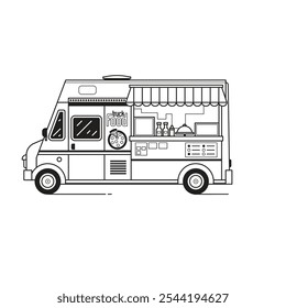 Street food truck in line art. Retro pizza mini van with mobile kitchen and hot food in minimalist linear design.