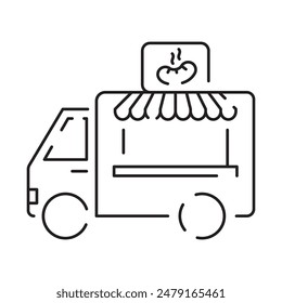 Street food truck line icon. Trade van. Mobile cafe car. Transport to cook and sell meals. Vector illustration