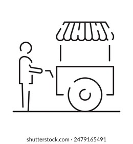 Street food truck line icon. Trade van. Mobile cafe car. Transport to cook and sell meals. Vector illustration