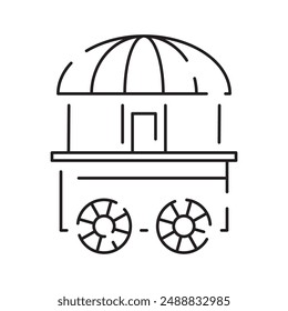 Street food truck line icon. Trade van. Mobile cafe car. Transport to cook and sell meals. Vector illustration