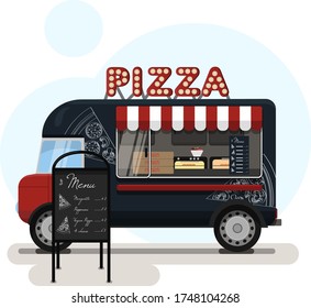 Street food truck with pizza. Vector flat illustration of a pizza place on wheels with a striped awning, hand-drawn pizza on a van, and an advertising stand with a menu. Stylish retro illustration of