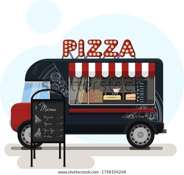Street food truck with pizza. Vector flat illustration\
of a pizza place on wheels with a striped awning, hand-drawn pizza\
on a van, and an advertising stand with a menu. Stylish retro\
illustration of