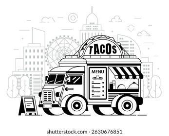 Street food truck scene in line art. Retro tacos mini van with mobile kitchen and hot food on Mexican downtown cityscape in minimalist linear design.