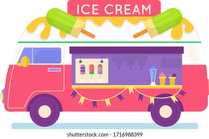 Street food truck set vector illustration. Cartoon flat van selling Chinese streetfood or pizza kebab in market, ice cream, coffee cocktail drink, vegan fastfood trucking icons isolated on white