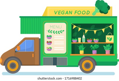 Street food truck set vector illustration. Cartoon flat van selling Chinese streetfood or pizza kebab in market, ice cream, coffee cocktail drink, vegan fastfood trucking icons isolated on white