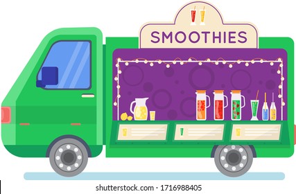 Street food truck set vector illustration. Cartoon flat van selling Chinese streetfood or pizza kebab in market, ice cream, coffee cocktail drink, vegan fastfood trucking icons isolated on white