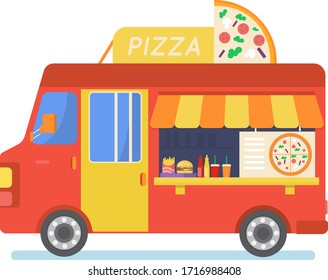 Street food truck set vector illustration. Cartoon flat van selling Chinese streetfood or pizza kebab in market, ice cream, coffee cocktail drink, vegan fastfood trucking icons isolated on white