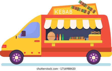 Street food truck set vector illustration. Cartoon flat van selling Chinese streetfood or pizza kebab in market, ice cream, coffee cocktail drink, vegan fastfood trucking icons isolated on white