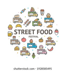 Street Food Truck Sign Round Design Template Thin Line Icon Banner on a White. Vector illustration