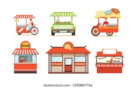 Street Food Truck and Small Shops Vector Set