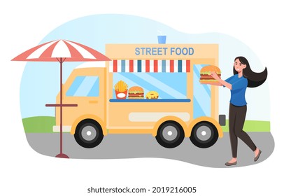 Street food truck, summer cafe sell fast food from van. Small business ready takeaway meal restaurant with summer terrace. Flat cartoon illustration vector concept design isolated on white background