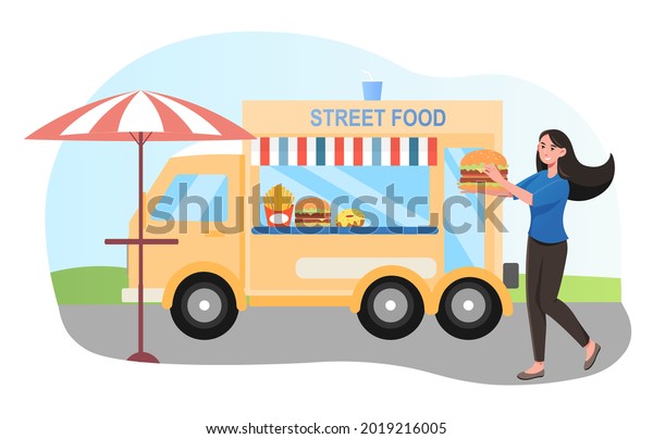 Street food truck, summer cafe sell fast food\
from van. Small business ready takeaway meal restaurant with summer\
terrace. Flat cartoon illustration vector concept design isolated\
on white background