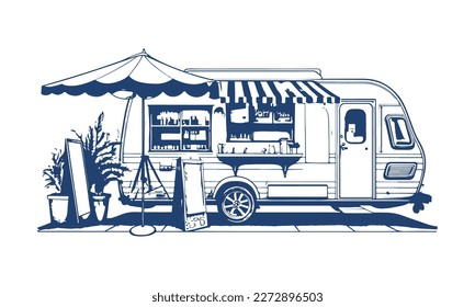 Street Food Truck trailer. Vector monochrome drawing of a street fast food truck.