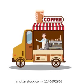 Street food truck, van. Fast food delivery. Coffee van, shop, barista, Cartoon design vector illustration, isolated