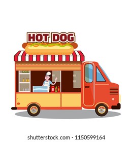 Street food truck, van. Fast food delivery. Fast food car with a big Hot Dog on a white background. Cartoon style, vector, isolated