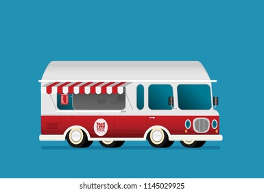 Street food truck vector illustration, food caravan. Burger van delivery. Flat icon