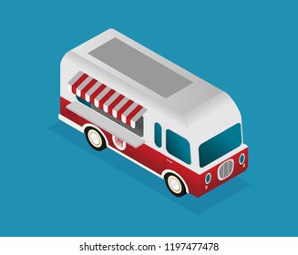 Street food truck vector illustration, food caravan. Burger van delivery. Flat icon isometric