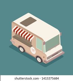 Street food truck vector illustration, food caravan. Burger van delivery. Flat icon isometric