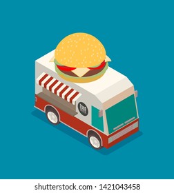Street food truck vector illustration, food caravan. Burger van delivery. Flat icon isometric